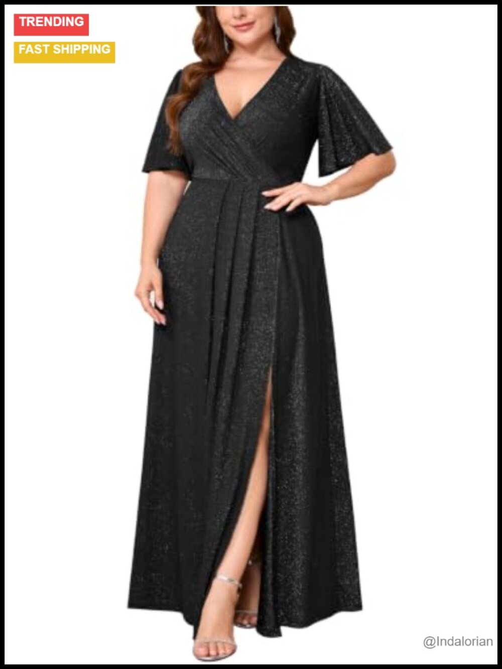Plus Size Sparkly Formal Maxi Dress Wrap V Neck Short Sleeve A Line Split